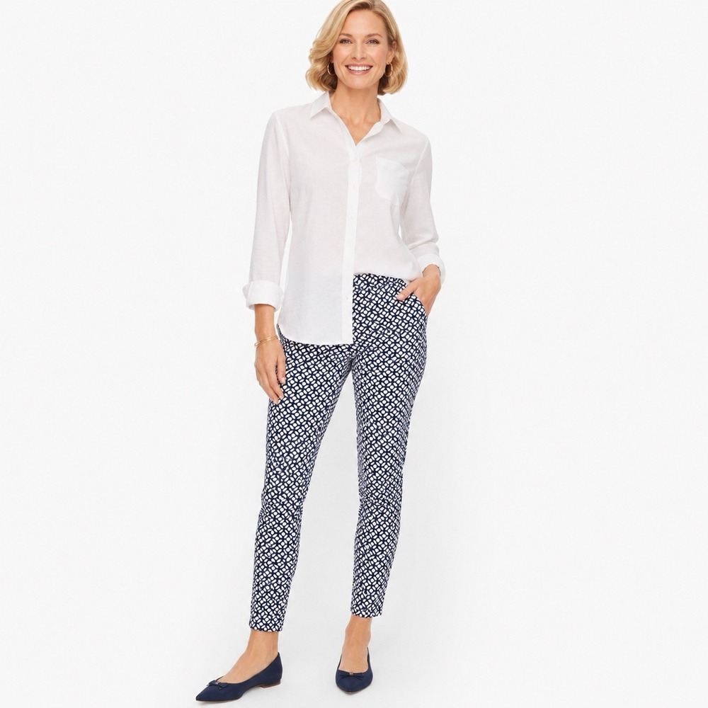 Talbots Leggings Women's Large Blue White Geometric Print Pull On Ankle Pants